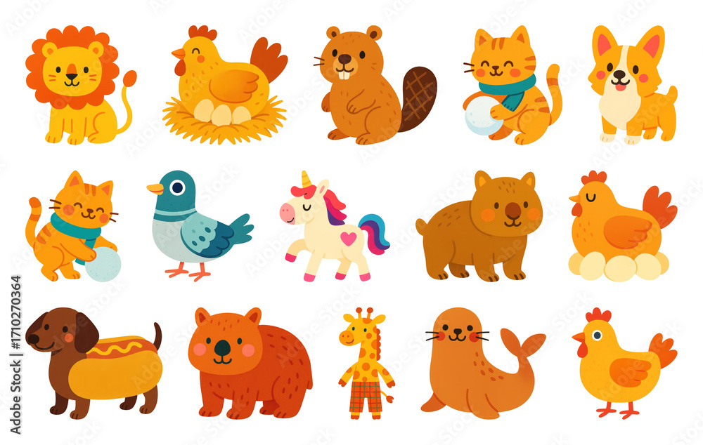 Obraz premium PNG Colorful cartoon animal illustrations, element set on transparent background