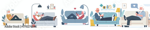 vector of a grandfather sitting relaxed on the sofa playing with gadgets