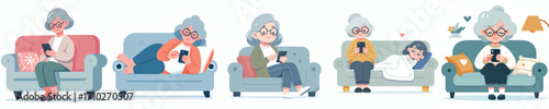 vector of a grandmother sitting relaxed on the sofa playing with gadgets