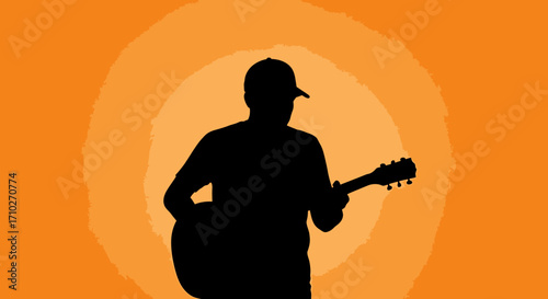 Silhouette of a man playing an acoustic guitar against an orange background with concentric circles.