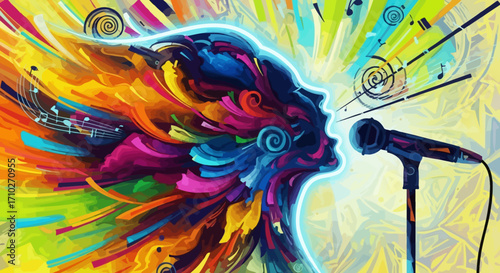 Artistic depiction of a person singing into a microphone, with colorful energy emanating from the head.