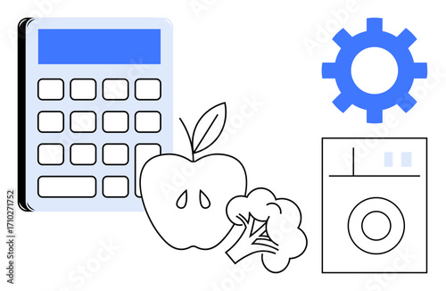 Calculator, apple, broccoli, gear, and washing machine symbolizing technology, health, and productivity. Ideal for health management, budgeting efficiency lifestyle tech integration