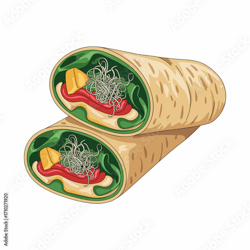 Vegan Wrap with Hummus Spinach and Vegetables Illustration