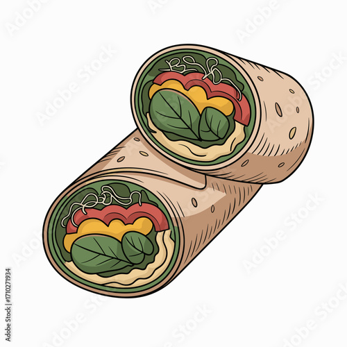 Vegan Wrap with Hummus Spinach and Vegetables Illustration