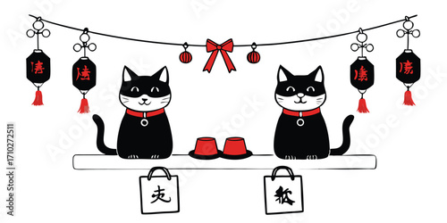 Two black cats wearing red collars and masks with chinese lanterns and decorations