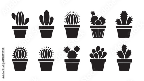 Potted cactus icons with diverse shapes arms spikes and pot styles in black silhouette style