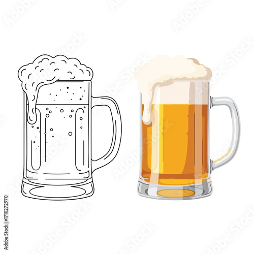 Two illustrations of a beer mug, one black and white outline, the other a colored depiction of a beer mug filled with light golden beer and frothy head.