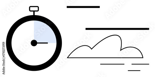 Stopwatch beside a speeding cloud and dynamic lines convey motion, time, progress, and punctuality. Ideal for themes of productivity, efficiency, sports, deadlines, weather planning and minimalism