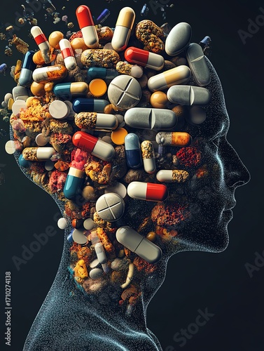 Drug addiction and brain function with the use of alcohol prescription drugs as a psychiatric or psychiatry concept of the effects on mental health with recreational or medication