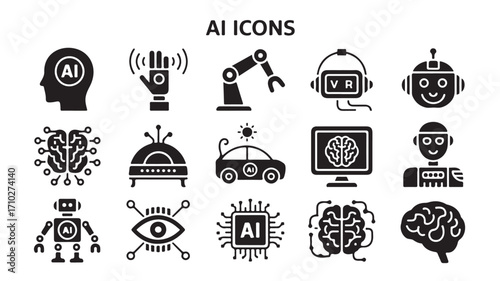 Artificial intelligence icons with robot brain chip car VR surveillance and neural network in black silhouette style