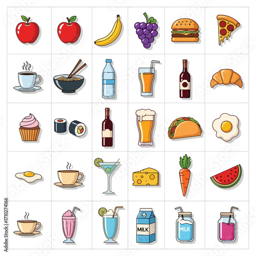 A colorful collection of various food and drink icons arranged in a grid, including fruits, meals, snacks, and beverages.