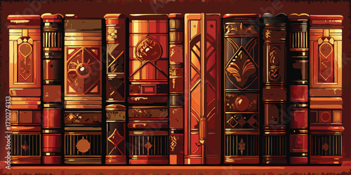 A row of antique leather bound books with ornate gold tooling on a shelf
