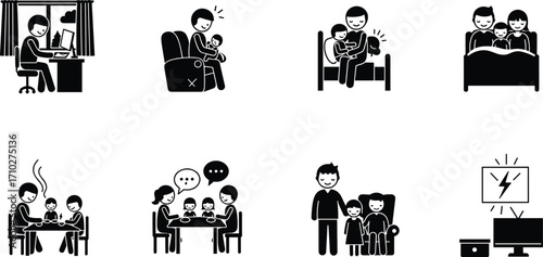 Work from home father with kids, family bonding, parenting moments, remote job lifestyle, fatherhood support, daily family activities illustration