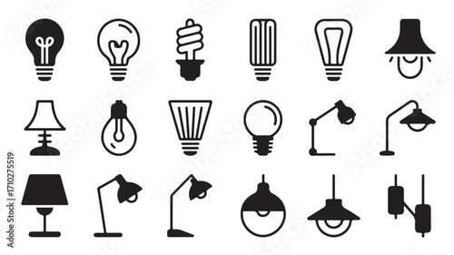 Light bulb and lamp icons with incandescent CFL LED desk table pendant and wall fixtures in black silhouette style