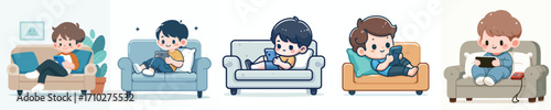 vector of a little boy sitting relaxed on the sofa playing with gadgets