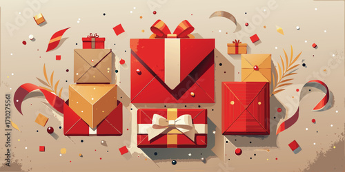 Festive arrangement of red and gold gift boxes with confetti and ribbons