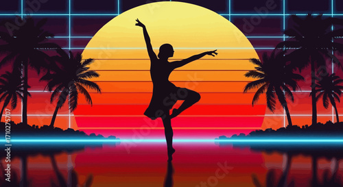 A silhouette of a graceful dancer posing against a retro 80s synthwave sunset with palm trees and a neon grid.