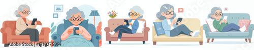 vector of a grandmother sitting relaxed on the sofa playing with gadgets