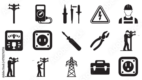 Electrician and electrical work icons with tools safety gear meter outlet and transmission tower in black silhouette style