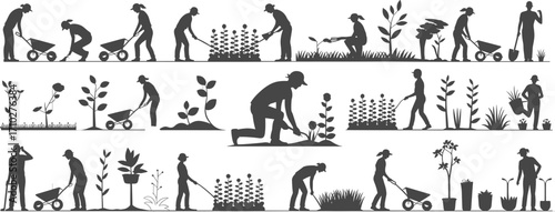 Gardening, horticulture, agriculture, outdoor work, planting, watering, pruning, digging, wheelbarrow, tools, flowers, nature, silhouette, black and white, flat vector illustration