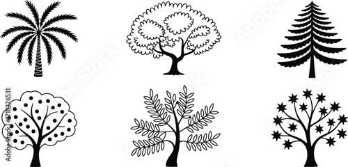 Different tree silhouettes collection, nature forest icons, tropical palm tree, leafy tree design, decorative plant shapes, botanical illustration, flat vector illustration