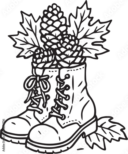 Autumn Boots Arrangement: A charming monochrome illustration showcases a pair of sturdy hiking boots, artfully arranged and filled with autumnal elements to evoke the crisp, earthy essence of fall.