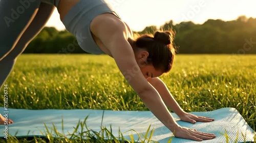 Woman practicing yoga in serene outdoor setting performing downward dog pose on blue mat in lush green field at sunrise, showcasing tranquility, fitness, and mindfulness in natural environment