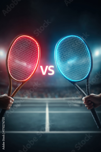 Tennis Match Competition Red Blue Rackets Hands Versus Battle Stadium Court Lights Energy Power Sport