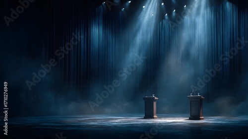 Empty debate stage with two imposing lecterns under dramatic spotlights. A slight atmospheric haze catches the light beams against deep blue curtains.