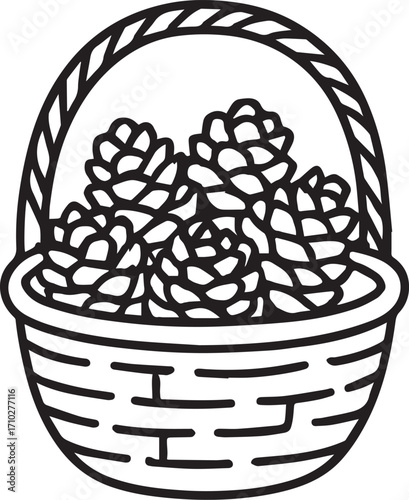 Pine Cones in Woven Basket: An enchanting, artistic rendition showcases a tightly woven basket, overflowing with intricate pine cones, perfect for conveying themes of nature.