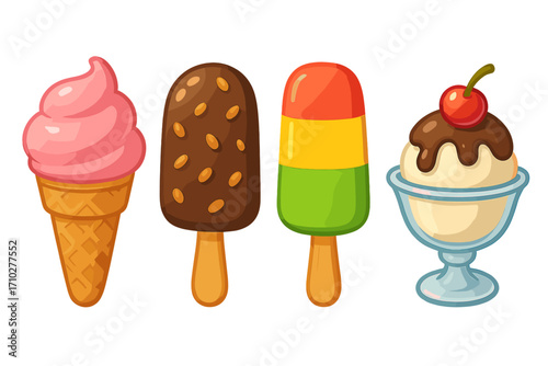 Set of cartoon ice cream. Vector collection of summer desserts: soft serve cone, chocolate almond popsicle, fruit ice pop, and a vanilla sundae with cherry on top.