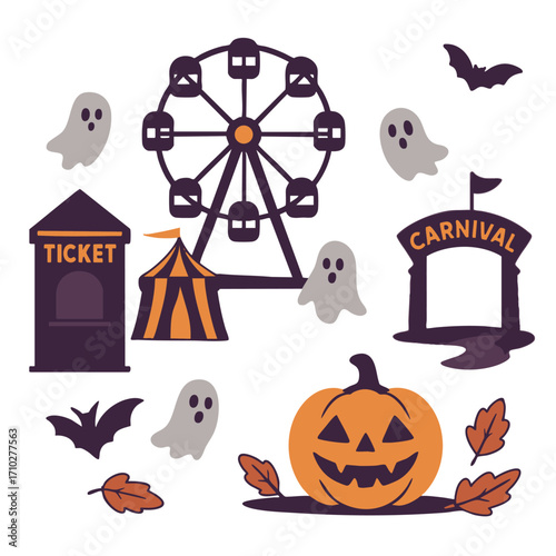 Halloween carnival with Ferris wheel, ghosts, and pumpkin
