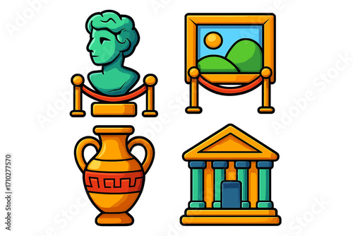 Museum icon set with sculpture, painting, amphora, and gallery building. Vector cartoon illustration of historical artifacts and art exhibits. Ancient culture collection.