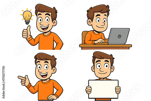 Cartoon man character set. Young boy mascot with idea lightbulb, working on laptop, pointing, and holding blank sign. Vector illustration for business presentation.