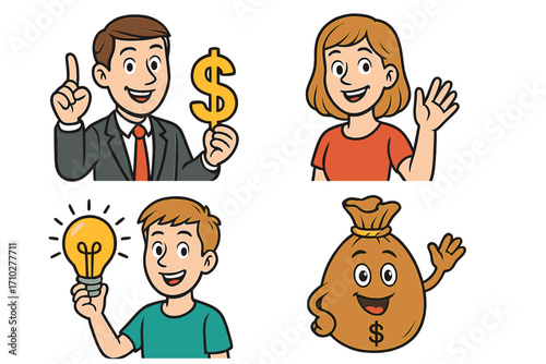 Vector cartoon character set for business and finance. Businessman with money symbol, man with lightbulb idea, woman waving, and money bag mascot. Financial success concept.