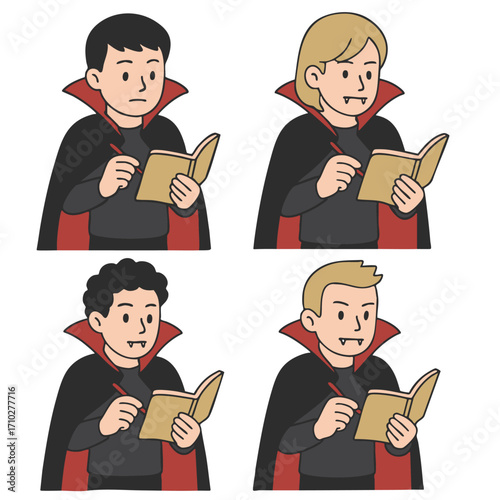 Four cartoon vampires writing in notebooks, each with different hair colors