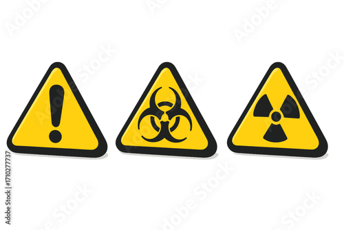 Set of 3D warning signs with hazard, biohazard, and radiation symbols. Vector cartoon illustration of danger alert icons. Safety attention, nuclear, toxic risk concept.