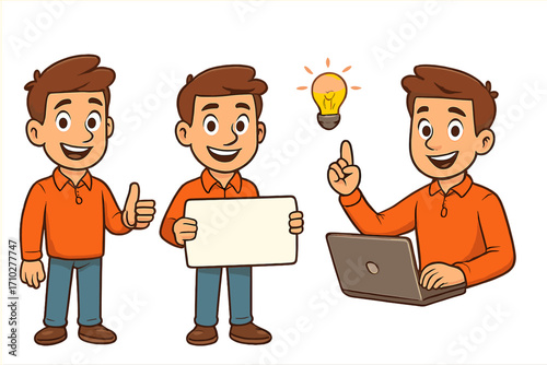 Businessman character set vector. Cartoon man shows thumbs up, holds blank sign for presentation. Office worker at laptop has business idea with light bulb. Success concept.