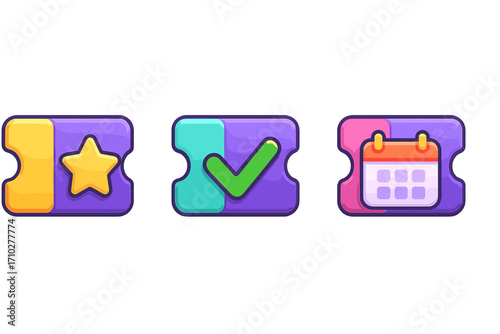Ticket coupon icon set vector. Cartoon pass for event admission. Reward star, validation checkmark, and calendar date symbols for game or app UI. Bonus confirmation graphic.