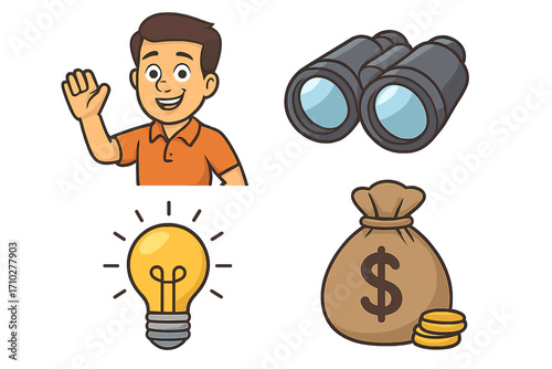 Business success concept vector icon set. Man searching for opportunity with binoculars, finding a great idea, and earning money. Finance, profit, and innovation cartoon design.