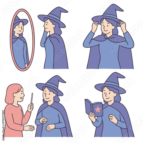 woman in witch costume looks in mirror, adjusts her hat, receives wand, and reads spellbook
