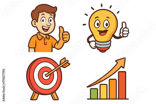 Business success vector icon set. Cartoon man with thumb up, idea lightbulb, target goal, and growth chart. Metaphor for achievement, marketing, strategy and innovation.