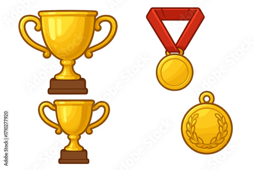 Golden trophy and medal vector set for winners. Collection of gold awards for achievement, victory, and success. Champion prize icons for competition or sport contest.