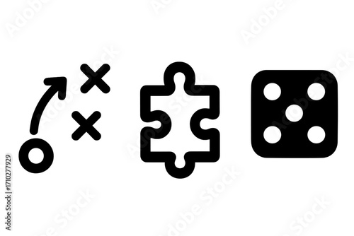 Board game icon set with strategy, puzzle, and dice elements. Vector silhouette collection for concepts of tactics, problem-solving, chance, leisure, and tabletop gaming.