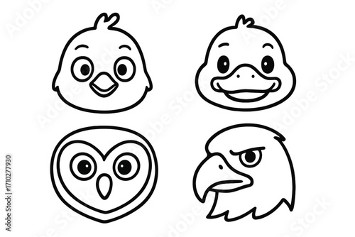 Bird head icon set. Cute cartoon animal faces: chick, duck, owl, eagle. Simple black and white line art. Vector logo, avatar, or coloring book illustration collection.