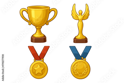 Vector set of golden awards. 3D cartoon trophy cup, statuette, and medals with star and laurel wreath. Winner prize for first place, achievement, victory, and success.