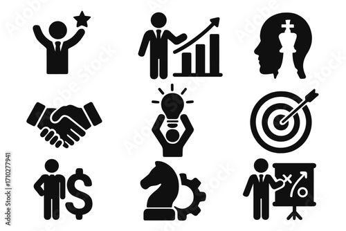 Business icon set with symbols for success, strategy, growth, and ideas. Vector glyph collection of handshake, target, goal, leadership, finance, and strategic planning.