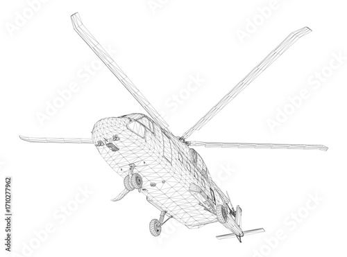 Military helicopter wireframe model with detailed rotor blades, landing gear, and cockpit on a white background.