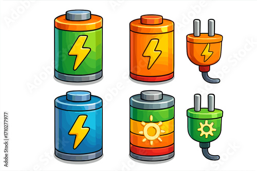 Colorful 3d battery icon set with energy symbols and charging plugs. Vector cartoon illustration of power accumulators. Electricity, charge level, and renewable solar energy concept.