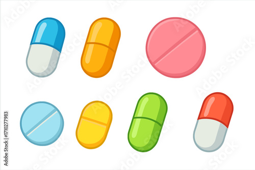 Colorful cartoon 3D capsules and tablets set, vibrant medication pills, pharmaceutical healthcare icons, glossy vitamins, antibiotics, painkillers, medical drugs design, multicolored pill pack concept
